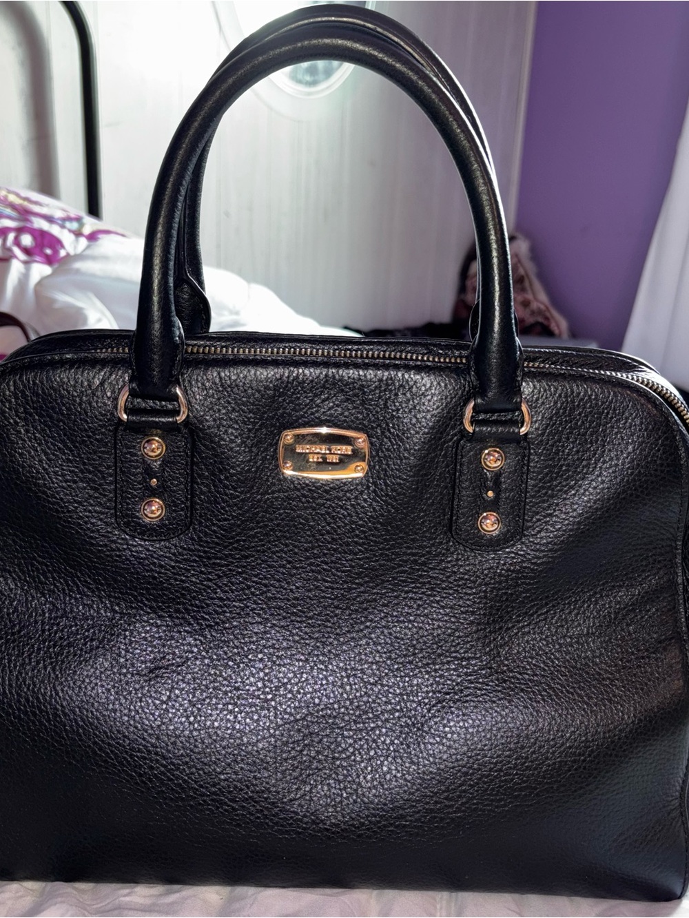 MICHAEL KORS Black Pebbled Leather Dome Satchel with Gold Hardware